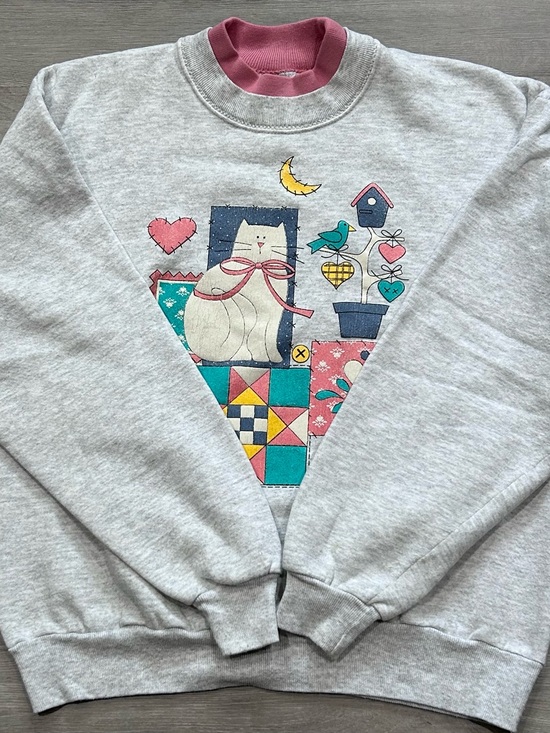 Gopher Sport Sweaters - Vtg 90s Gopher Sport Cat Quilt Patchwork Sweater Gray Pink Double Collar Large